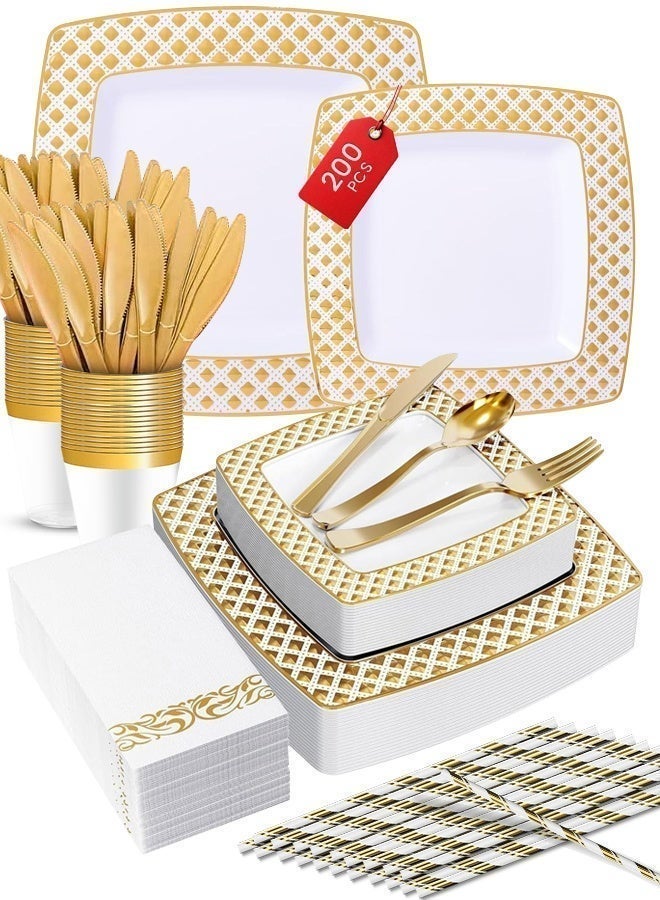 Eoptify Disposable Tableware set  25 Guest Fancy Disposable Party plates Set, disposable Dinner Set Kitchen Set (White & Gold) 200 pcs - Image 1